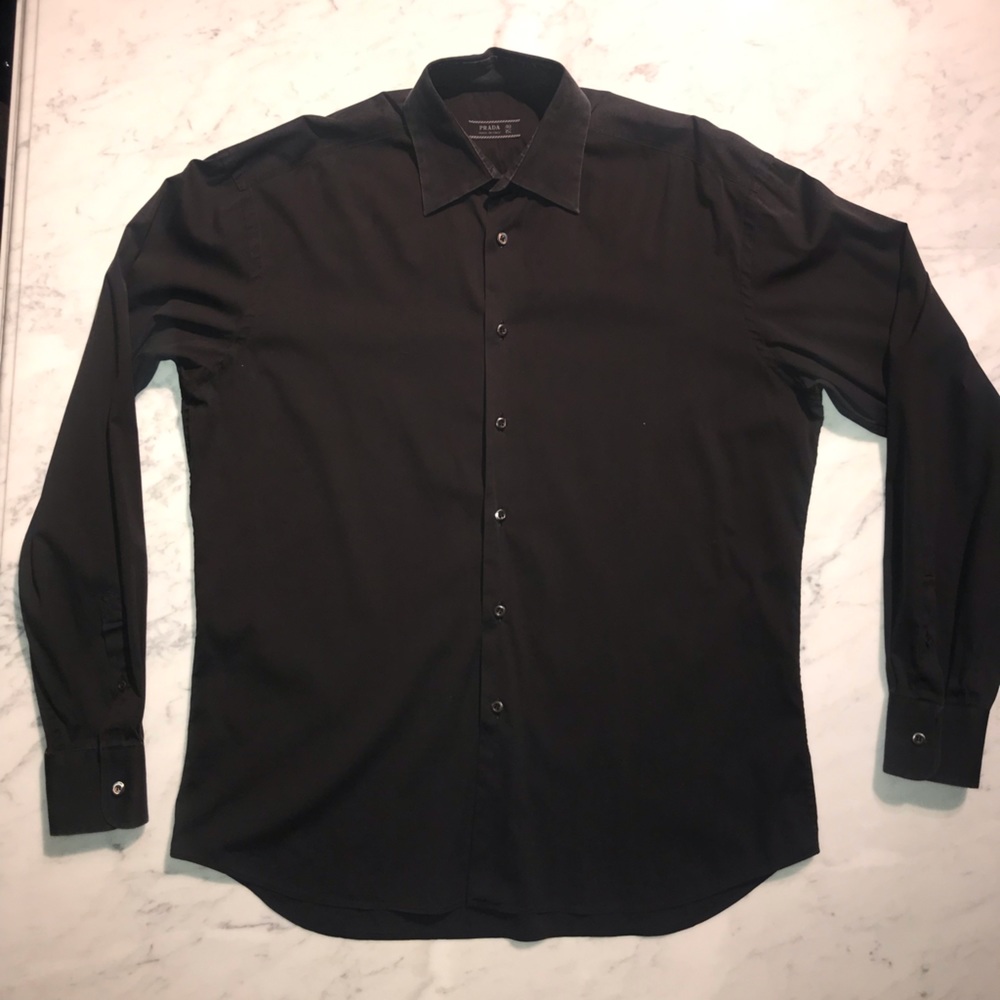 Mens Prada Black Dress Shirt Long Sleeve Button Down Stretch 40 15 3/4